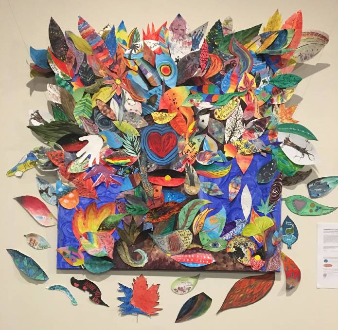 Collage artwork of brightly coloured leaves